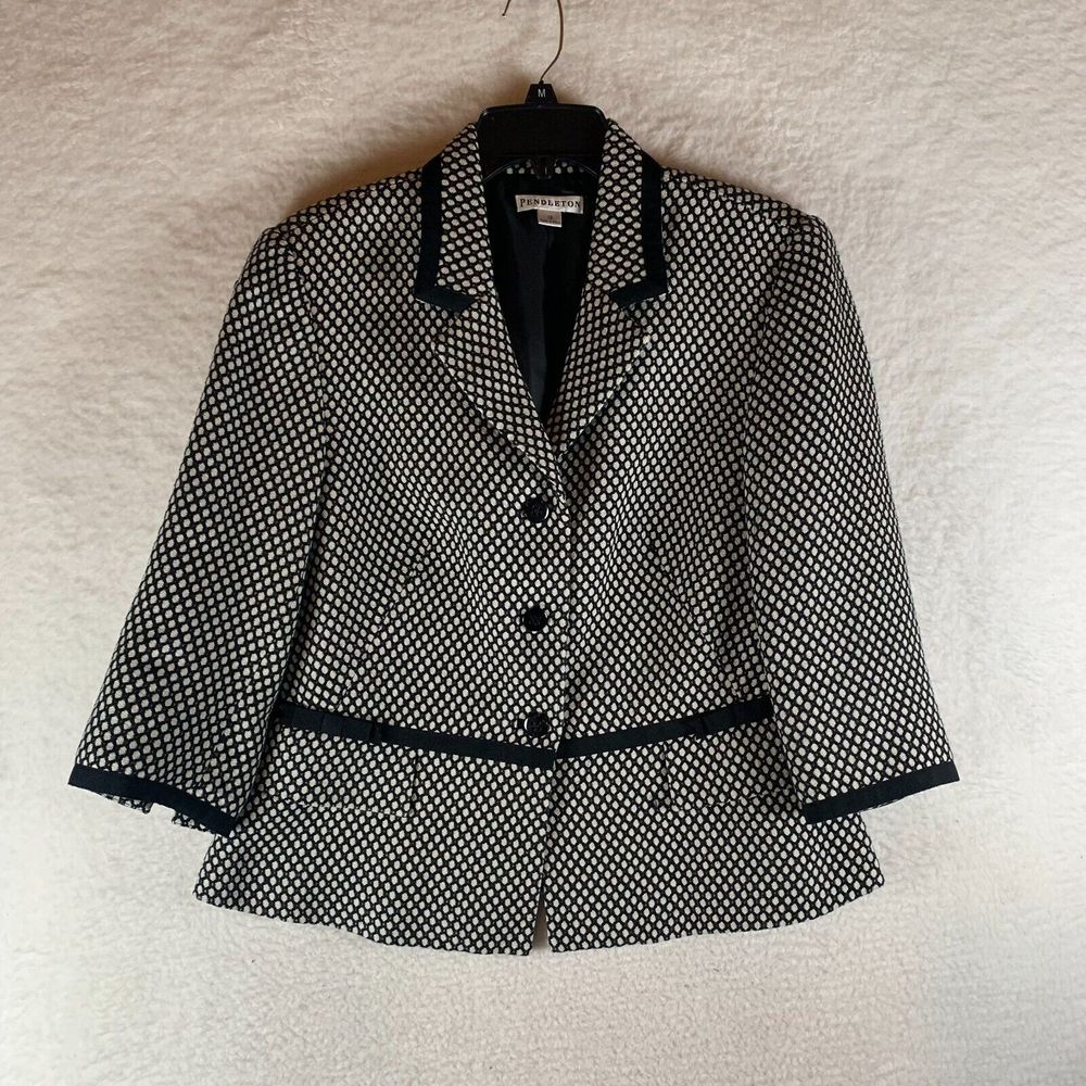 Pendleton Women's Black White Silk Cotton Tweed Ribbon Lined Blazer Size 12 8952